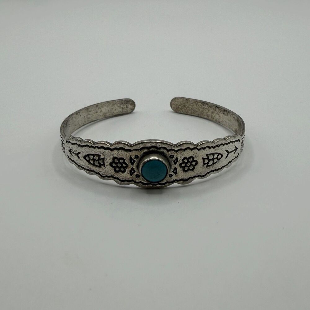 Vintage 925 Sterling Silver Turquoise Stamped Petite Cuff Bracelet 5.5" 7.1g